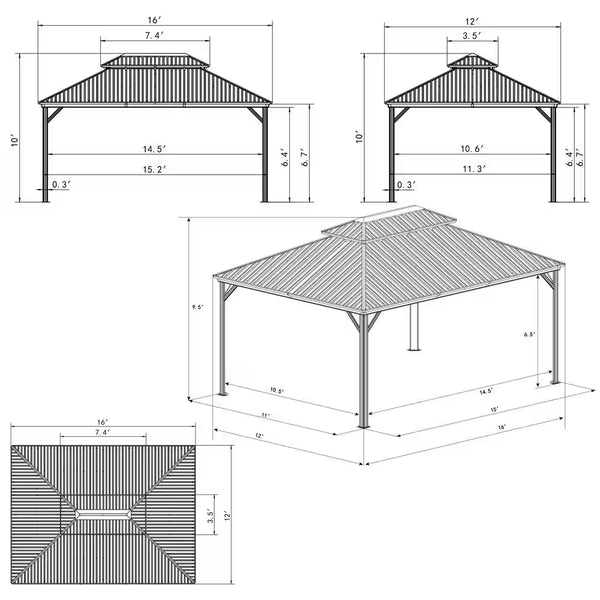Caesar 12x16 Ft Dark Brown Double-Roof Hardtop Aluminum Gazebo