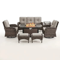 Outdoor Patio Furniture Set Built for All-Weather Use, Fire Pit Table 50000 BTU, Swivel Chairs, Brown Wicker