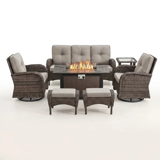 Outdoor Patio Furniture Set Built for All-Weather Use, Fire Pit Table 50000 BTU, Swivel Chairs, Brown Wicker