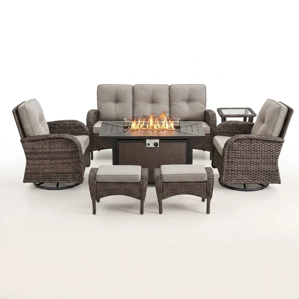 Outdoor Patio Furniture Set Built for All-Weather Use, Fire Pit Table 50000 BTU, Swivel Chairs, Brown Wicker