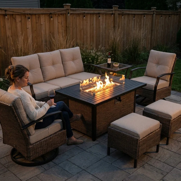 7-Piece Patio Set with Fire Pit Table & Swivel Chairs – Brown Wicker
