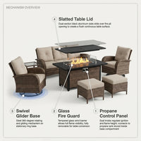 Outdoor Patio Furniture Set Built for All-Weather Use, Fire Pit Table 50000 BTU, Swivel Chairs, Brown Wicker — product view 3