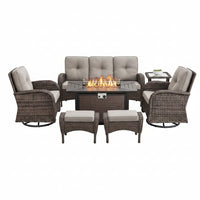 Outdoor Patio Furniture Set Built for All-Weather Use, Fire Pit Table 50000 BTU, Swivel Chairs, Brown Wicker — product view 7
