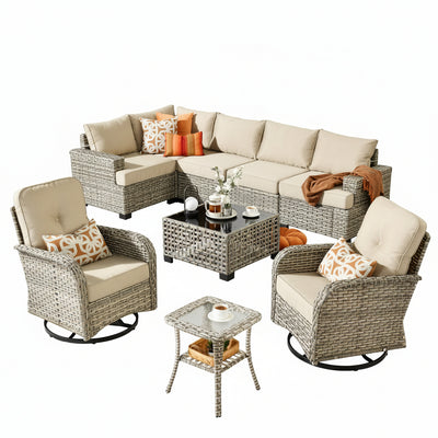 9-Piece Wicker Patio Conversation Set with Swivel Chairs – Beige