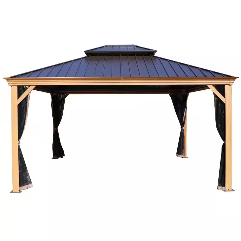 Apollo 12 Ft. X 14 Ft. Wood like Aluminum Hardtop Gazebo with Galvanized Steel Roof and Mosquito Net