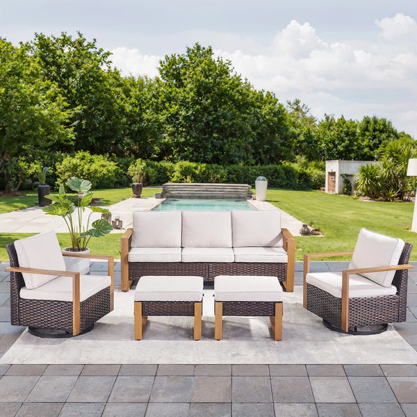 5-Piece Wicker Patio Set with Swivel Rocker Chairs & Ottomans
