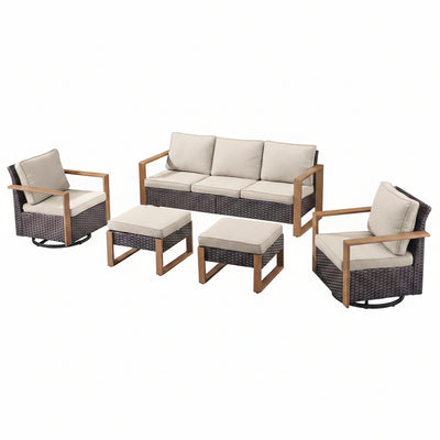 5-Piece Wicker Patio Set with Swivel Rocker Chairs & Ottomans